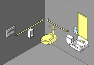 Figure of toilet room with altered elements highlighted: bathroom, grab pubs, faucet controls, and mirror.