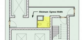 Floor program reveals toilet area constrained in size by corridor./ min. egress width, stair tower, and elevator and cargo elevator shafts